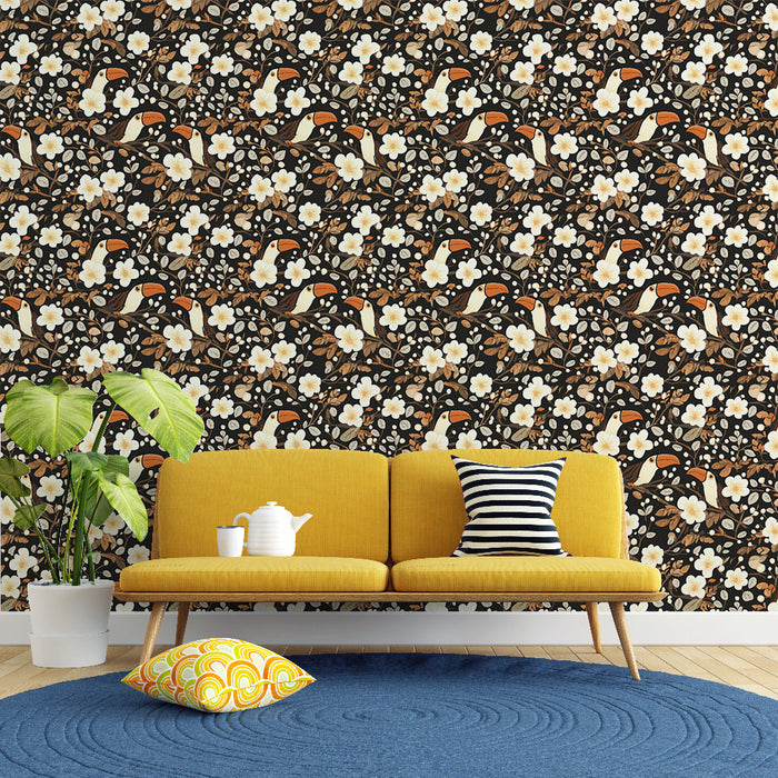 Fototapeta tukan cvetje | Motiv tukanov obkrožen z belimi cvetovi in listi