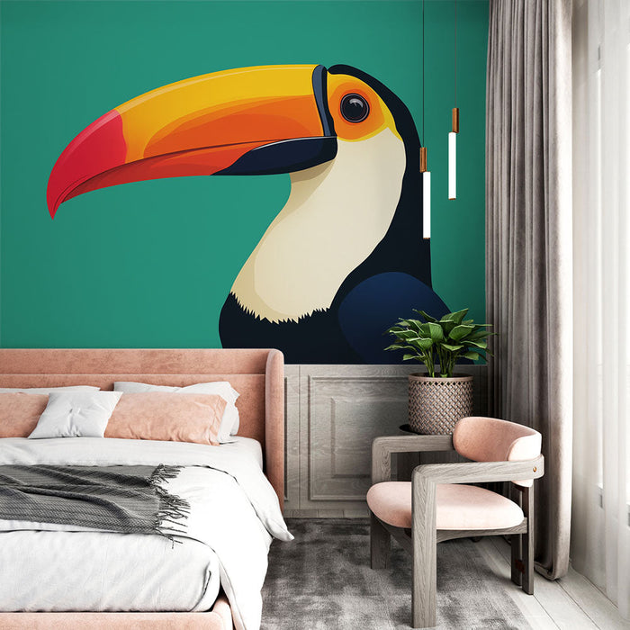 Falfestmény tapéta tukán | Színes tukán grafikus illusztrációja zöld háttéren