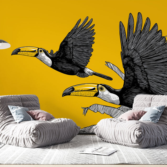 Tapete toucan | Графична илюстрация на летящи тукани на жълт фон