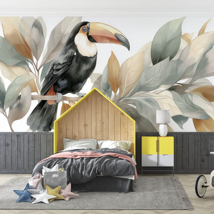 Tapeta z rysunkiem tukana | Delikatne ilustracje tukanów na tle liści