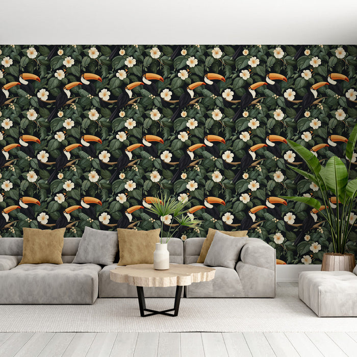 Tapete toucan | Цветен модел на тукани сред нежни листа и цветя