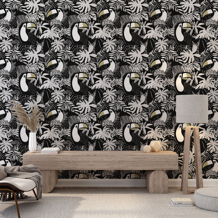 Carta da parati con tucano | Modello di tucani e foglie monocromatiche