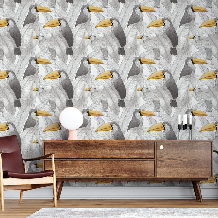 Fototapet tukan | Tukan ve yaprak deseni siyah beyaz ve parlak sarı vurgularla