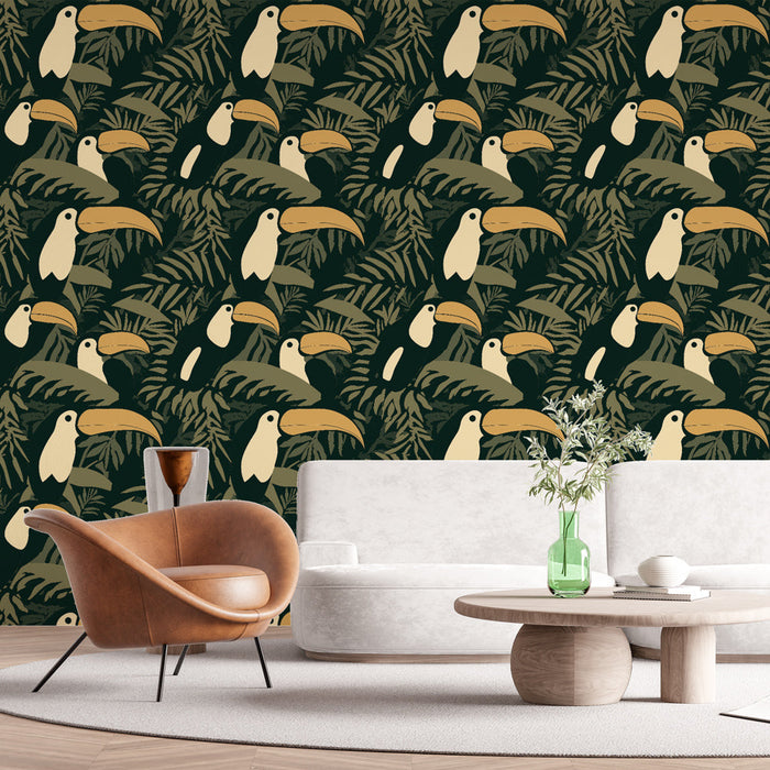 Carta da parati con motivo di tucano | Motivo di tucano e vegetazione lussureggiante