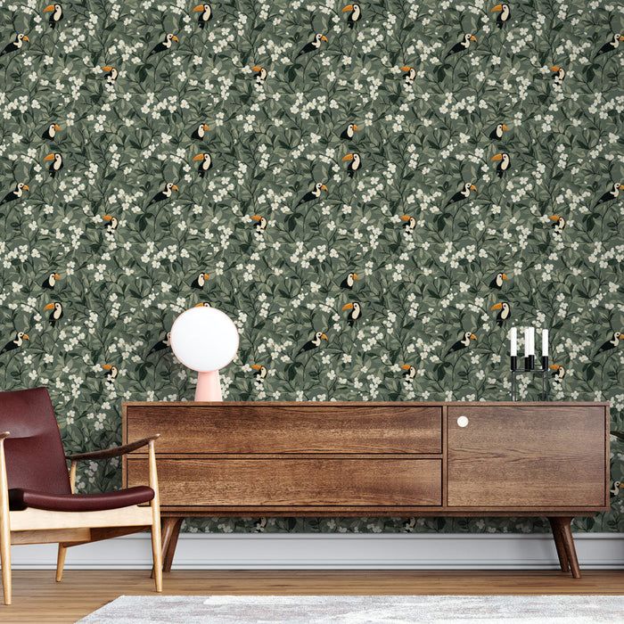 Mural Wallpaper toucan | Toucan pattern among white flowers on a green background