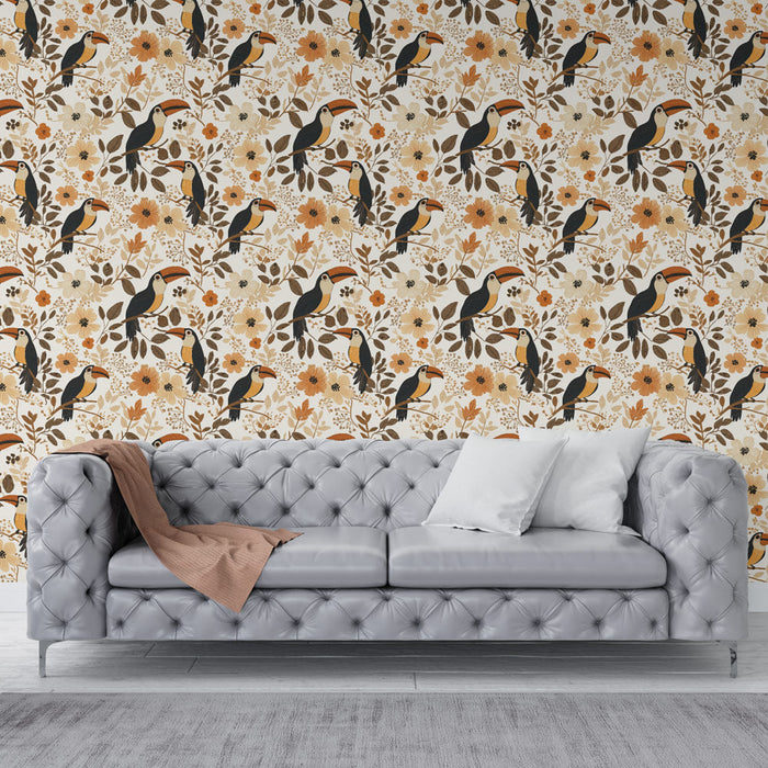 Tapete toucan | Florales Muster mit bunten Tukane und zarten Blumen