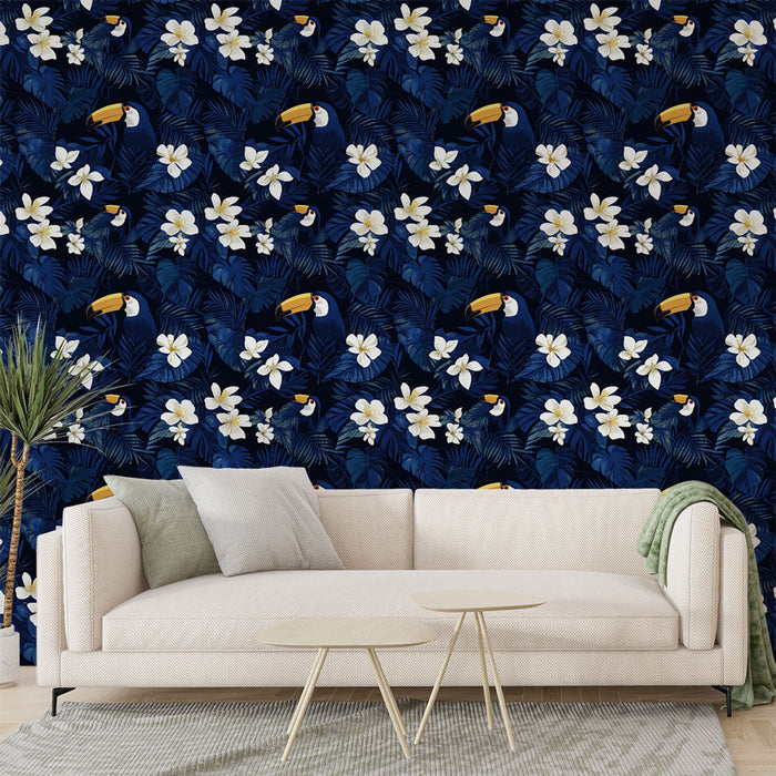 Fotótapé tukan | Trópusi motívum virágokkal és lombozattal sötétkék háttéren