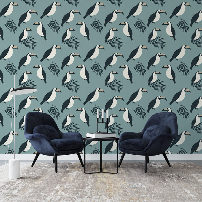 Fototapet tukan | Tropski motiv s tukani in eksotičnimi listi