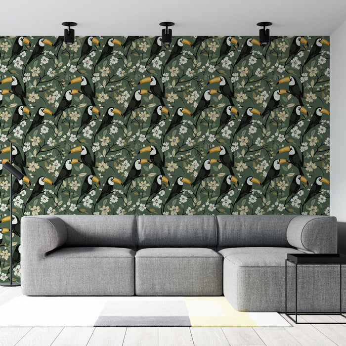 Fototapet tukan | Tropiskt mönster med tukaner och delikata blommor