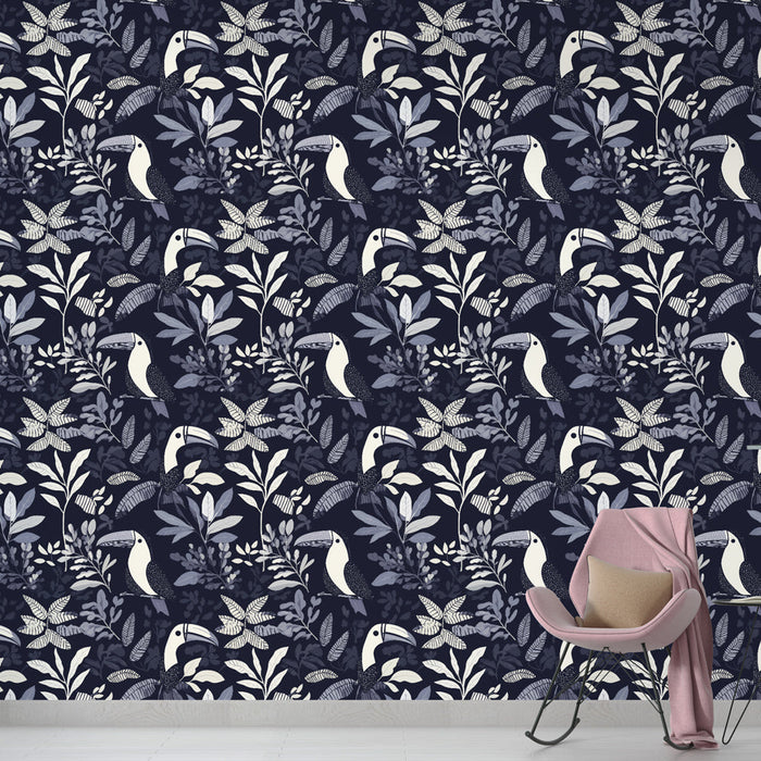 Fototapet tukan | Tropski vzorec s tukani in bujnim listjem