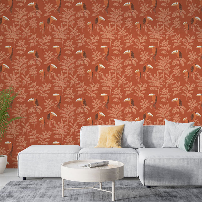 Fototapete toucan | Tropisches Muster mit Tukane und Laub auf einem Rosthintergrund