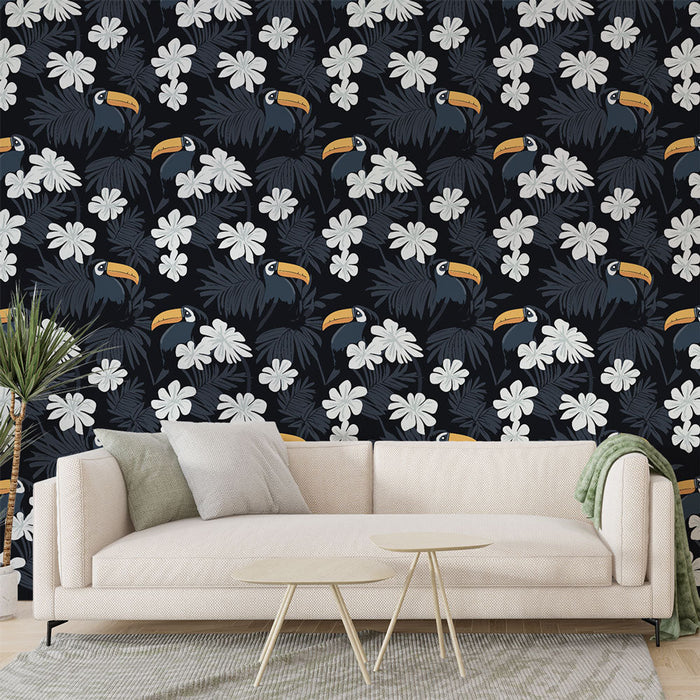 Fototapet tukan | Tropiskt mönster med tukaner och vita blommor på svart bakgrund