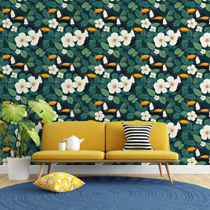 Fototapete toucan | Tropisches Motiv mit Tukane und weißen Blumen
