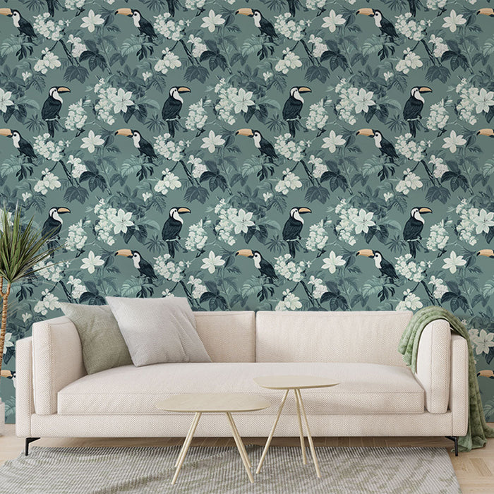 Fototapet tukan | Tropski vzorec s tukani in eksotičnimi cvetovi