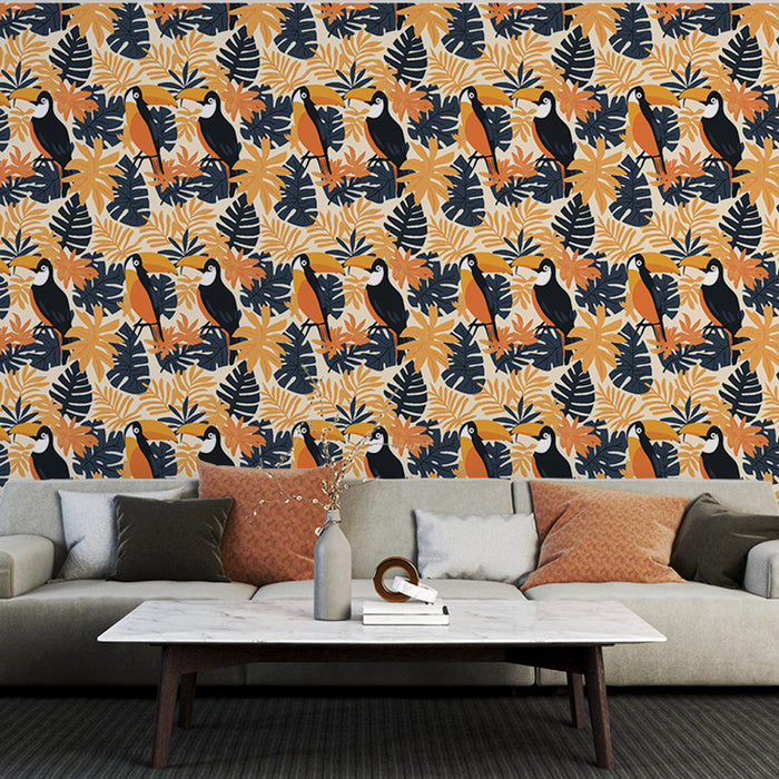 Tapeta z tukanem | Żywy tropikalny wzór z tukanami i kolorowym liściem
