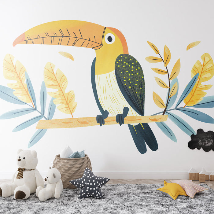 Falfestmény tapéta tukán az ágán | Fehér háttér