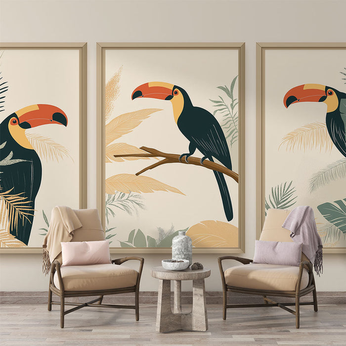 Tapete toucan | Lebhaftes Triptychon mit Tukane und tropischem Laubwerk