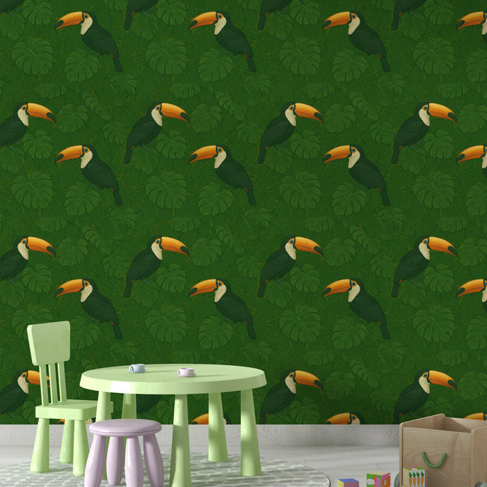 Tapet mural tucan | Un model vibrant de tucani printre frunze luxuriante