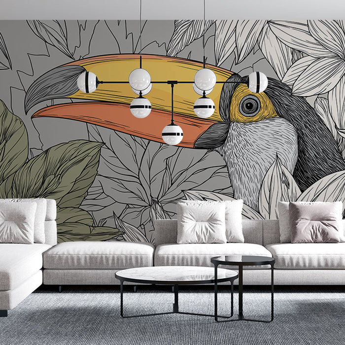 Fototapete toucan | Ein bunter Tukan inmitten von stilisierten Blättern