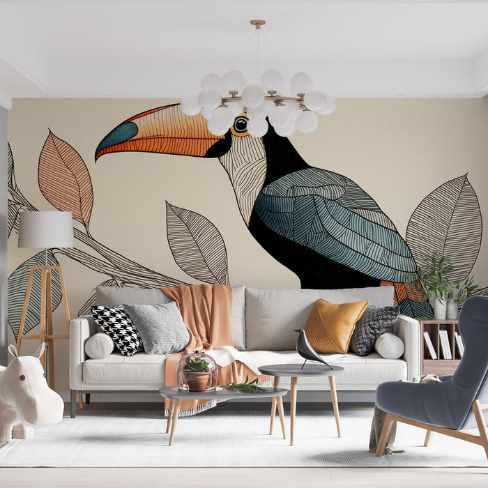 Fototapet tukan | En färgglad tukan som sitter på en delikat gren