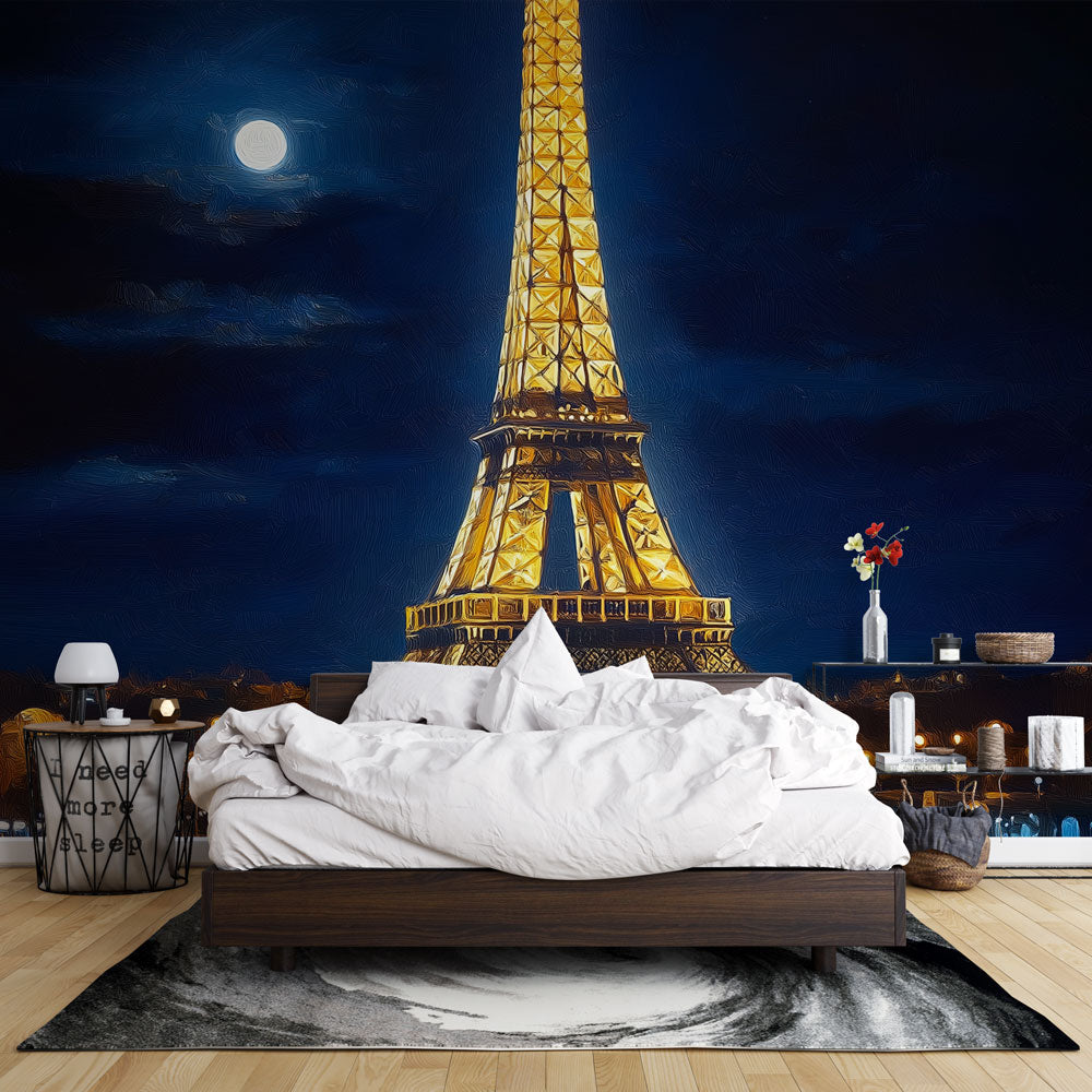 Papel de parede Torre Eiffel à noite | Iluminação dourada sob a lua —  WonderMural, image size:1000x1000
