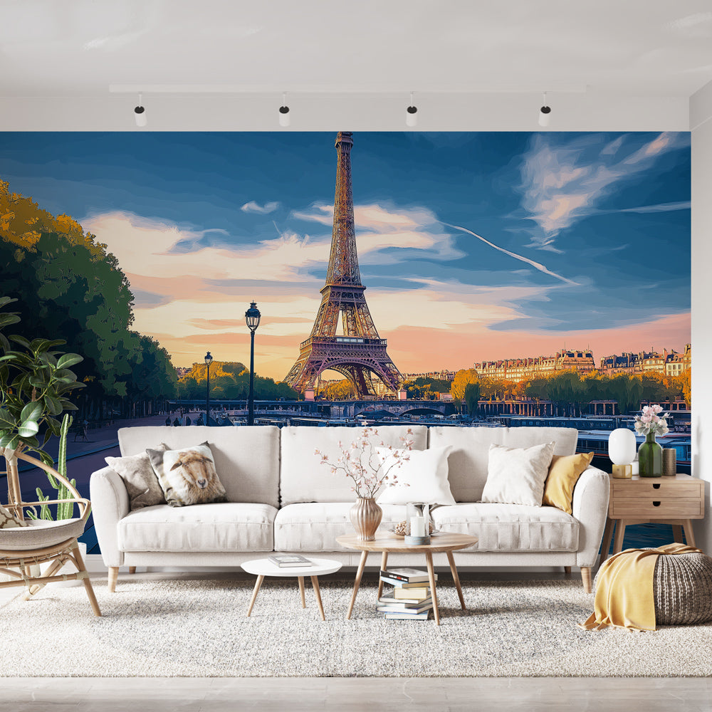 Papel de parede Torre Eiffel | Cena ensolarada da Torre Eiffel ao anoi —  WonderMural, image size:1000x1000