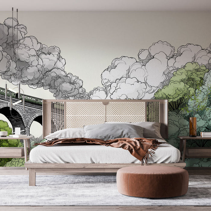 Carta da parati treno a vapore | Un maestoso viadotto circondato dal verde e dalle nuvole