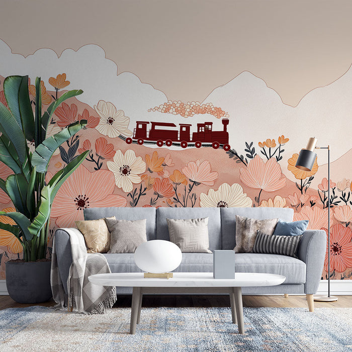 Mural Wallpaper train in flowers | A charming train surrounded by delicate flowers and mountains