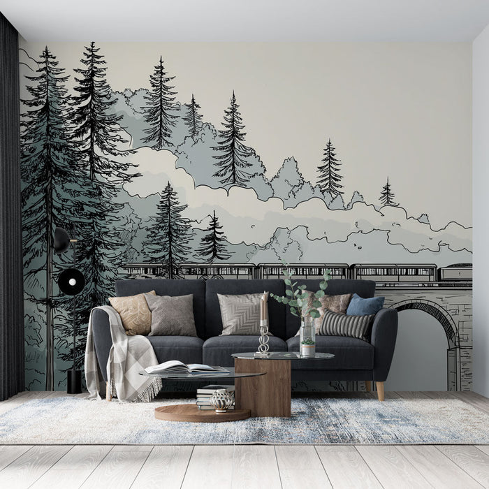 Fotótapéta vonat és természet | Egy gőzmozdony áthalad egy viadukton az erdő közepén