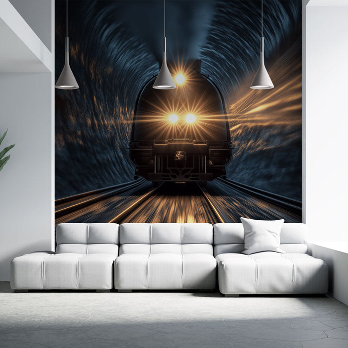 Mural Wallpaper train | Steam train advancing in a bright tunnel