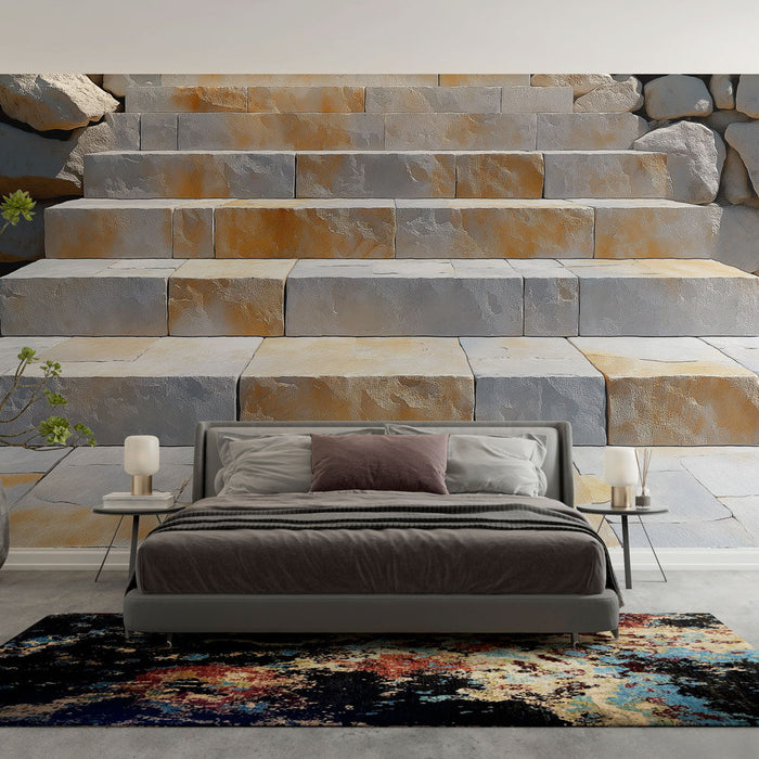 Tapetti trompe l'oeil | Kiviportaat harmaissa ja okran sävyissä