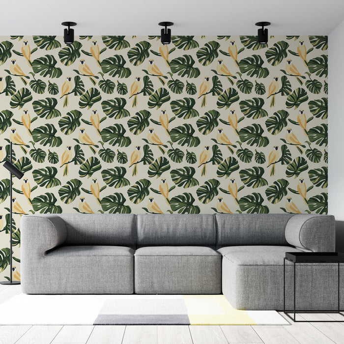 Papel de parede tropical | Abundância de folhas verdes e delicados papagaios