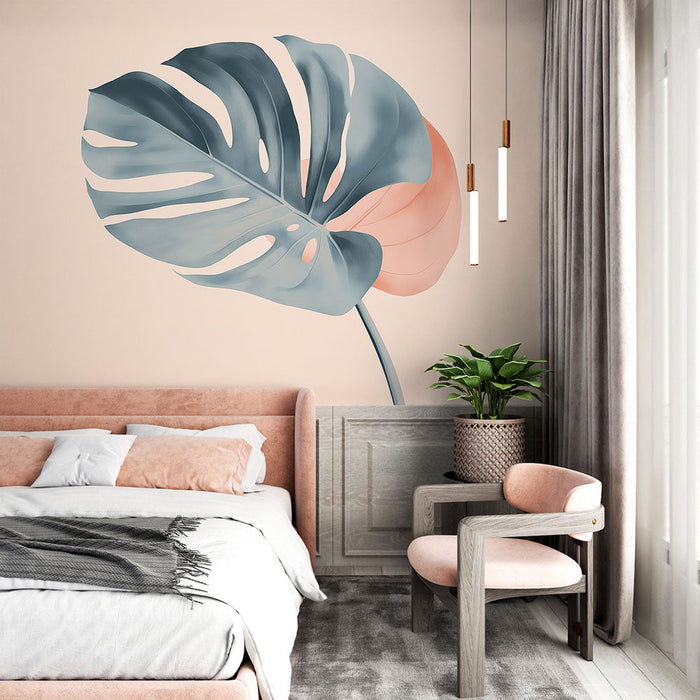 Fototapet tropisk beige | Stiliseret monsterablad på pastelbaggrund