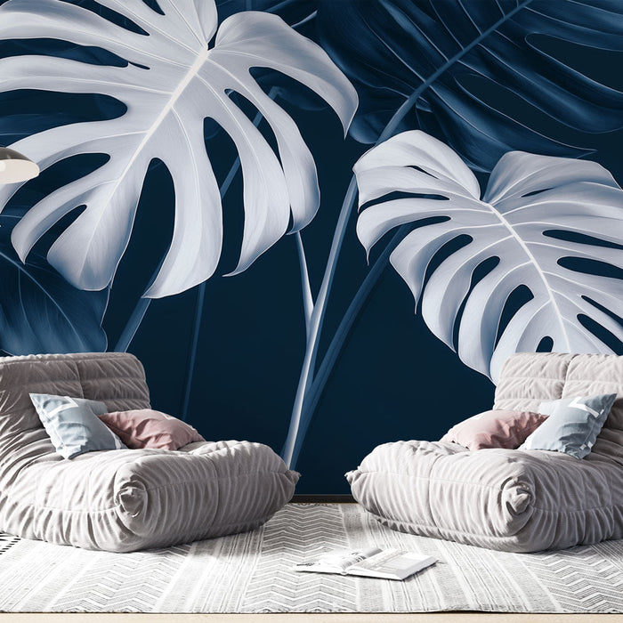 Tapeta tropická modrá teal | Elegantní listy monstery na tmavém pozadí