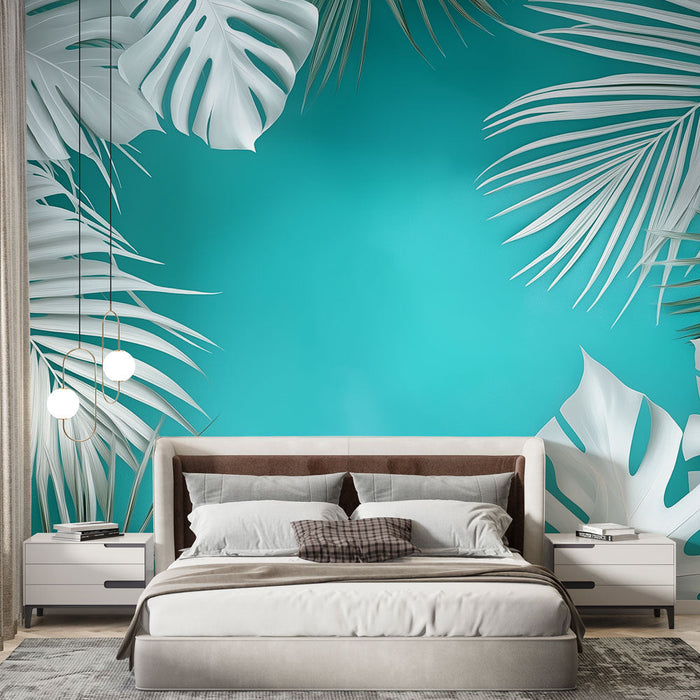 Papel de parede teal blue tropical | Folhas exóticas em fundo turquesa