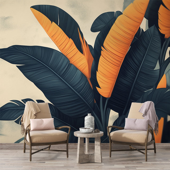 Tapeta tropická Bordeaux | Tmavé listy s oranžovými akcenty