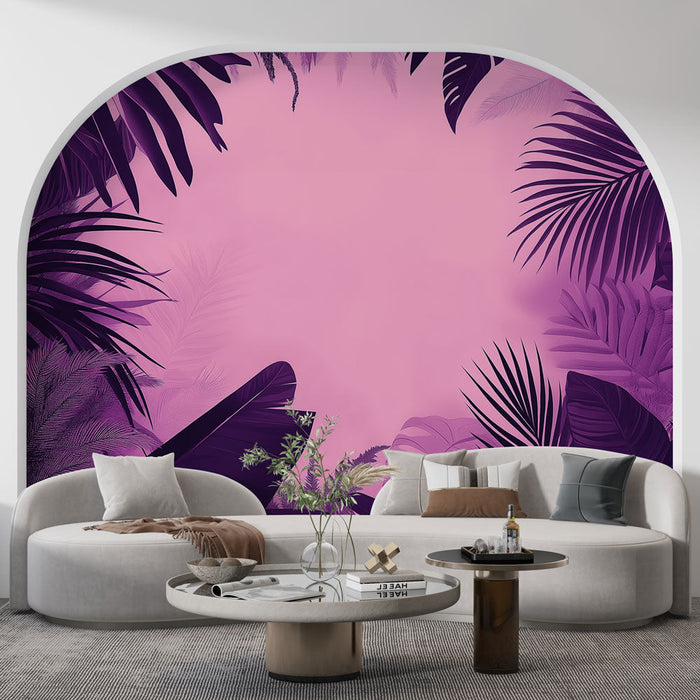 Papel pintado tropical | Marco de follaje morado sobre fondo rosa