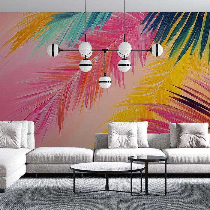 Colorful tropical Mural Wallpaper | Vibrant palm leaves on pink background