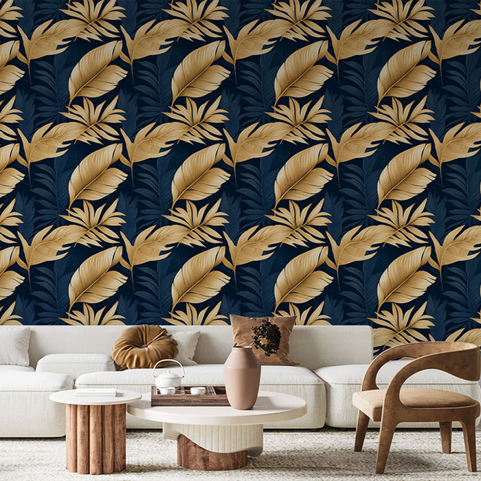 Fénykép tapéta trópusi arany | Egzotikus levelek éjszakakék háttéren
