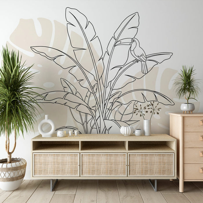 Fototapet tropisk | Elegante blader og stiliserte fugler på en myk bakgrunn