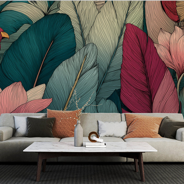 Tapetti trooppinen | Värikäs lehtikuvio papukaijalla ja herkillä kukilla