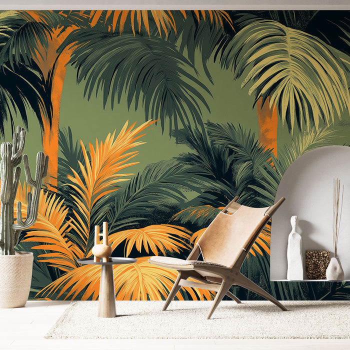 Tapeta tropická | Bujná zeleň s nádechem oranžové