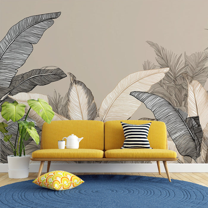 Papel de parede tropical | Folhas de banana em linhas delicadas em um fundo neutro
