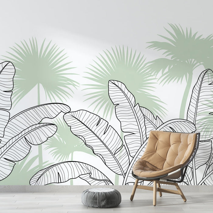 Papel de parede tropical | Folhas de bananeira e palmeiras ao fundo