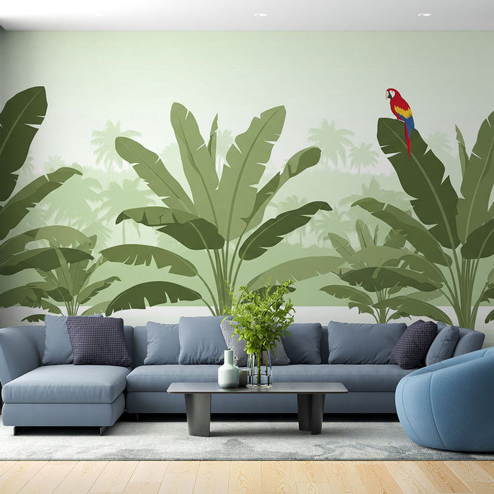 Papel de parede tropical | Folhas de bananeira e papagaio colorido em um fundo tranquilo