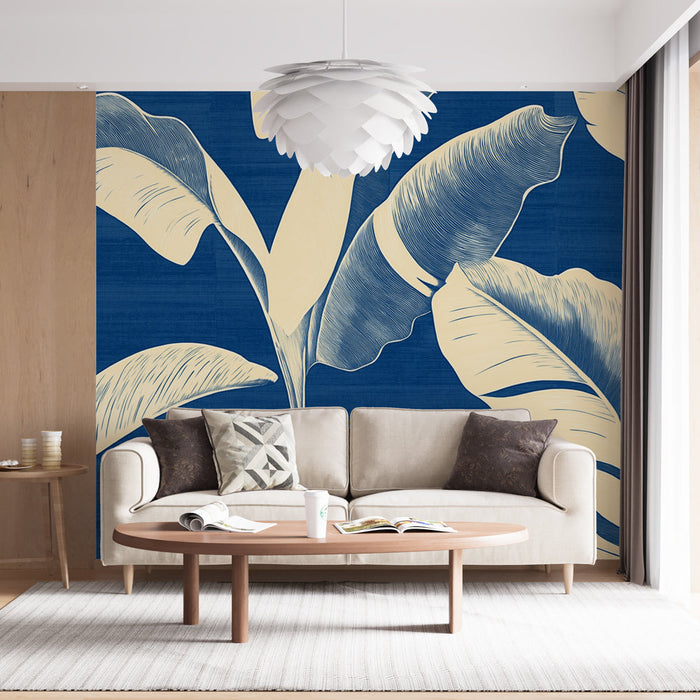 Mural Wallpaper tropski | Banani listi na temno modrem ozadju