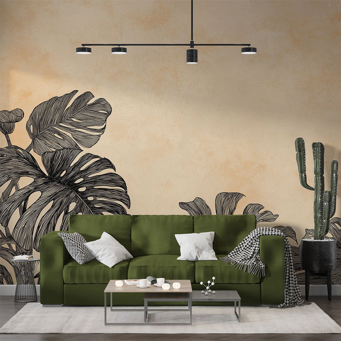 Tapet tropical cu frunze de Monstera pe un fundal texturat aur.