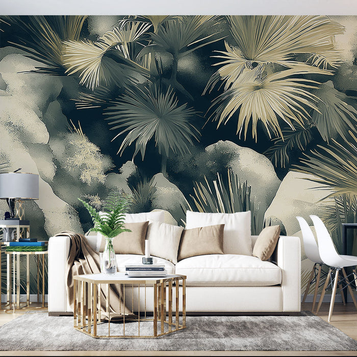 Ταπετσαρία τοίχου τροπική | Φύλλα φοίνικα σε σκούρο φόντο