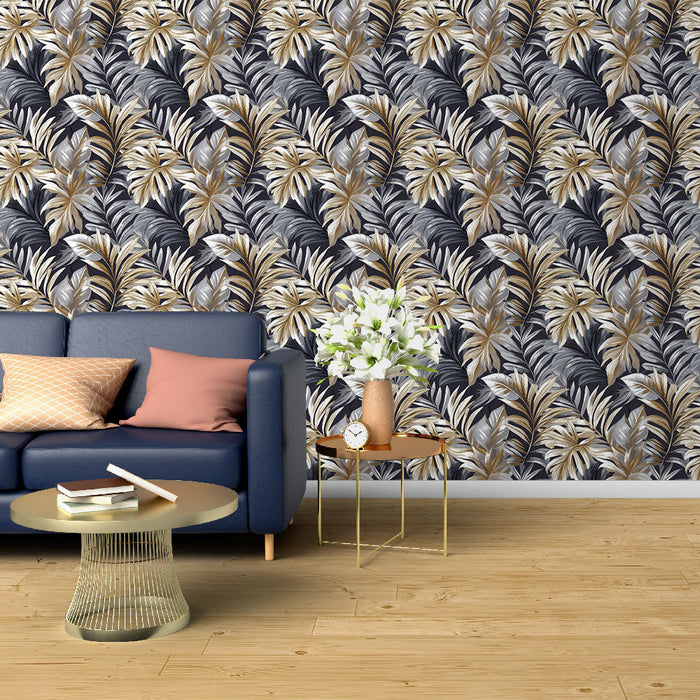 Tapeta s tropickým motivem | Zlaté a stříbrné listy na tmavém pozadí
