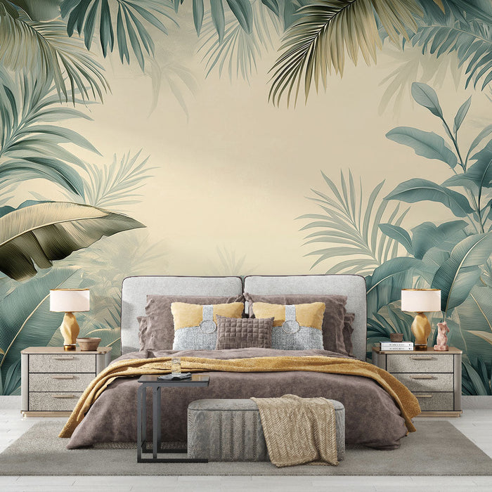 Fototapet tropikal | Yumuşak ve huzur verici tonlarda egzotik yapraklar